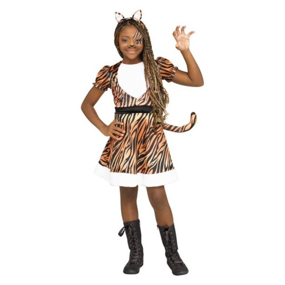 Tiger Tigress Halloween Costume 8/10 Plush Brown Dress, Tail, Headband Girls